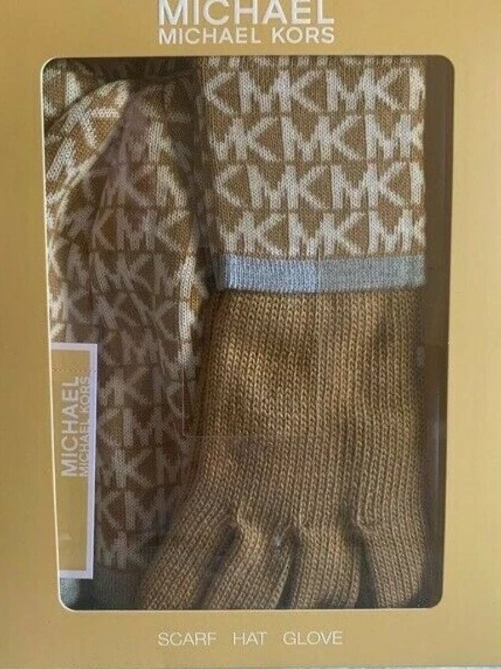 $98 Michael Kors Beanie Hat Scarf Glove Set Logo Knit Tan White Gray Women's